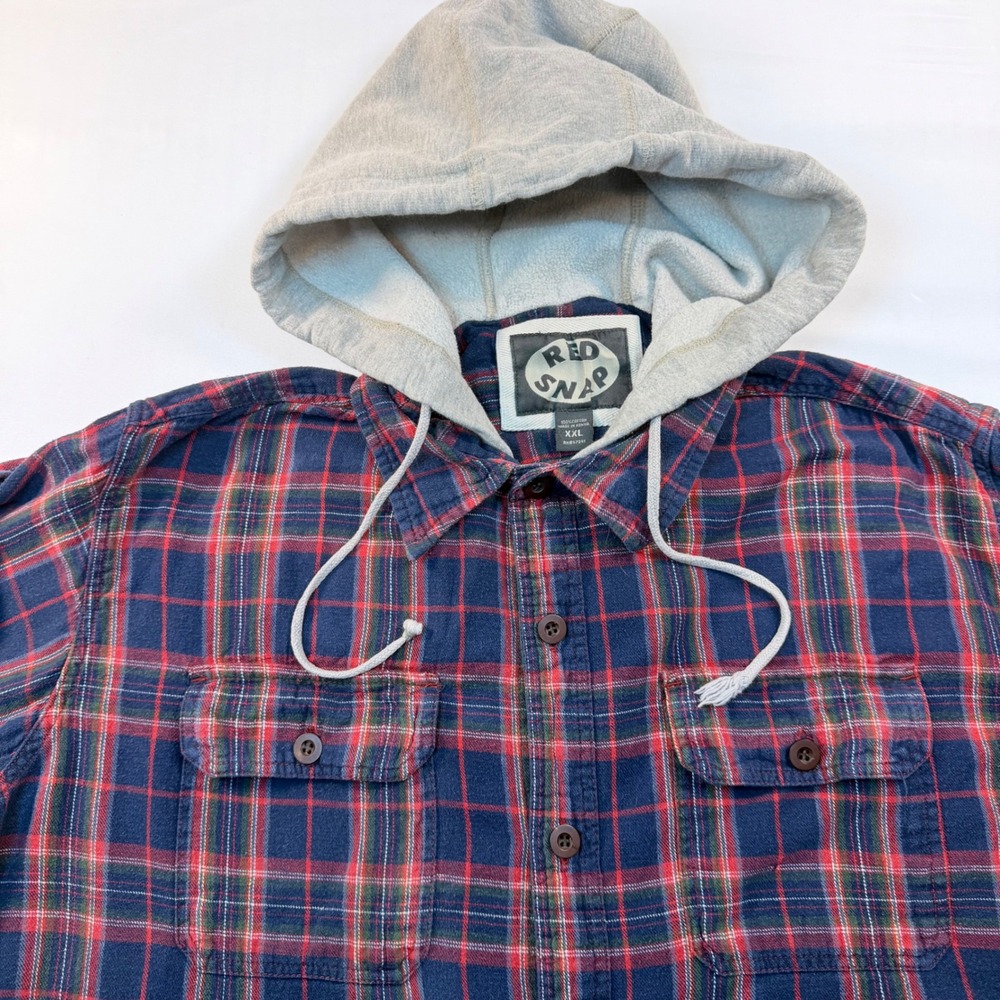Red Snap Hooded Blue Red Flannel Shirt Jacket  Men XXL Plaid Button Front Grunge